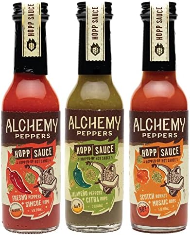 Hopped Hot Sauce Variety Pack by Alchemy Peppers - Scotch Bonnet + Mosaic Hops, Fresno Peppers + Jalapeño Pepper + Citra Hops - Mild, Medium, and Hot - 5 oz (Pack of 3)