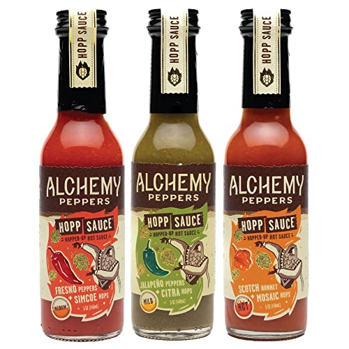 Hopped Hot Sauce Variety Pack By Alchemy Peppers - Scotch Bonnet + Mosaic Hops, Fresno Peppers + Jalapeño Pepper + Citra Hops - Mild, Medium, And Hot - 5 Oz (Pack Of 3) #TOP2
