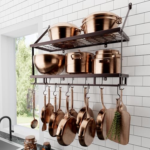 KES 30-Inch Oiled Bronze Pot Rack Wall Mounted, 2-Tier Hanging Pot and Pan Organizer with 12 Sturdy Hooks, Kitchen Wall Hanger Shelves Farmhouse Style, KUR215S75B-OB