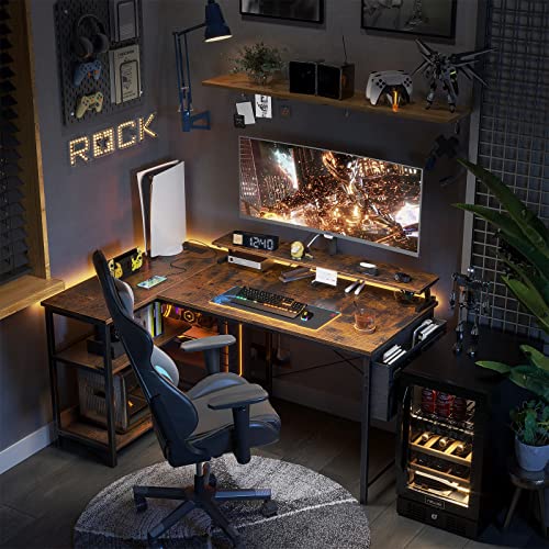 Odk 48 Inch Computer Desk With Usb Charging Port & Power Outlet, L-Shaped Corner Desk With Storage Shelves & Monitor Shelf For Home Office Workstation, Modern Writing Table, Vintage #TOP1