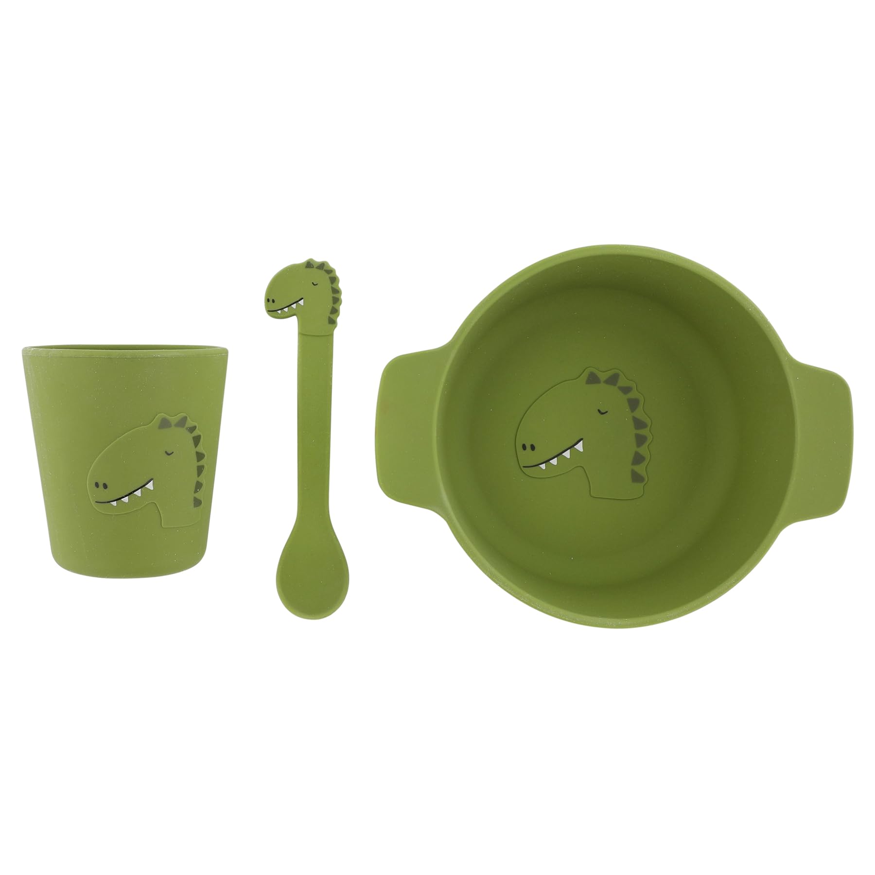 Trixie Silicone First Meal Set, Mr. Dino, Baby Feeding Set including Suction Bowl, Spoon & Cup, Soft, Durable, and Non-Toxic