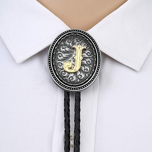 KDG bolo tie for man Golden Initial A to Z oval shape Antique silver blackground
