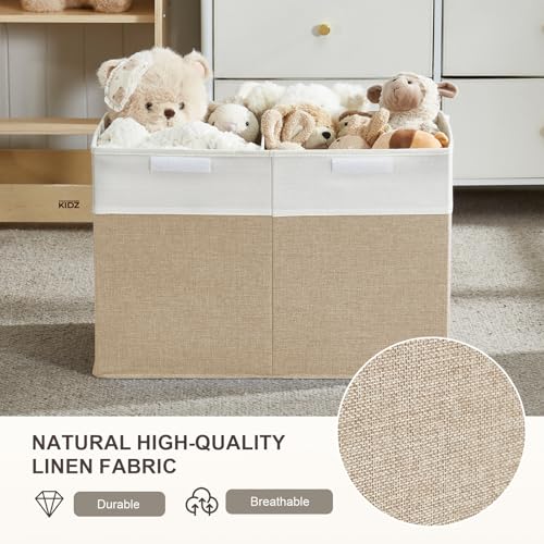 Image of Large Toy Storage Box with Lid, Collapsible Toys Storage Organizer Bins with Dividers and Handles, Storage Chest Bin for Kids, Boys, Girls, Nursery 25 inchx13 inch x16 inch (Beige & White)