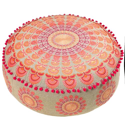 Mandala Life ART Bodenkissen Groß Mit Ponpon Boho Chic Rosa Bodenhocker Rund Sitzkissen Hoch Runder Hocker Pouf Hoch Boho Osmanische Deko 100% Baumwolle Ungefüllt 60X20Cm