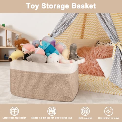 Image of OIAHOMY Extra Large Blanket Basket, 95L Cotton Rope Woven Laundry Basket, Toy Bin for Baby Room, Container for Blanket Storage in Living Room, 24''x17''x14'', Brown & White