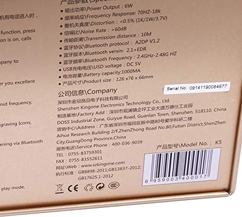 Close-up of KINGONE K5 speaker specifications on packaging