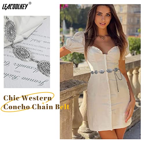 Image of LEACOOLKEY Women Turquoise Concho Chain Waist Belt Silver Western Cowgirl Metal Chain Belt for Dress Adjustable