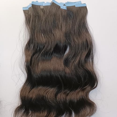 Remy Indian Wavy Raw Human Hair Extensions, Invisible Tape Hair Extensions, 100% Unprocessed, Cuticle Aligned, Single Donor, 100 Grams, Natural Black/Natural Texture (18 Inches)