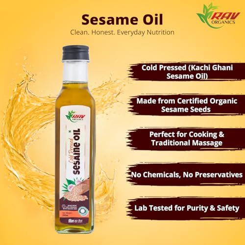 Image of Rav Organics Certified Organic Cold Pressed Sesame Oil- 250ml | Wood Pressed Gingelly Til Oil for Cooking | Til Ka Tel | White Sesame Nallennai | Omega 6 & 9 | Massage Oil for Hair - Body - Skin & Baby Care