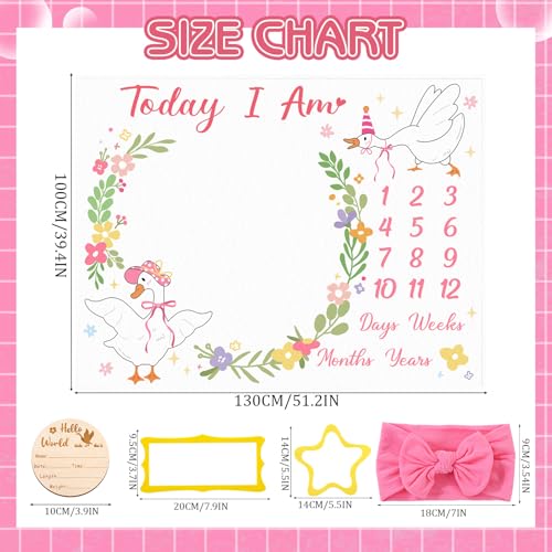 Image of Silly Goose Baby Milestone Blanket for Baby Girl, | Floral Flannel Blanket Newborn Infant Swaddle Baby Growth Blanket Photography Background with Wooden Signs,Frames,Heandband