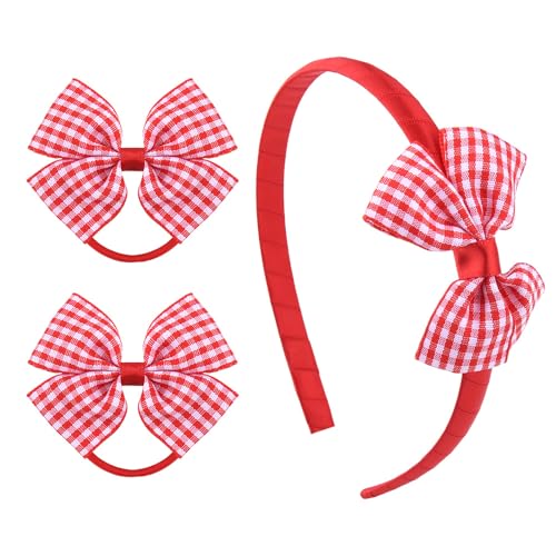 Sudaporn Gingham Bow Headband Hair Ties Set Red Checkered Bows Hairbands Head Band for Toddlers Kid Girls Grid Plaid Christams Bow Hair Ties Small Bowknot Ponytail Holders Headpiece Accessories
