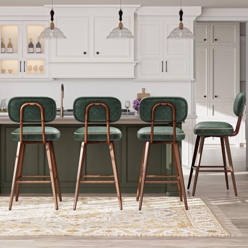 Image of MALOL 26 inch PU Leather Swivel Bar Stools Set of 4, Mid Century Counter Height Bar Chairs with Low Back and Metal Legs, Modern Bar Stool Chair for Kitchen Island, Green