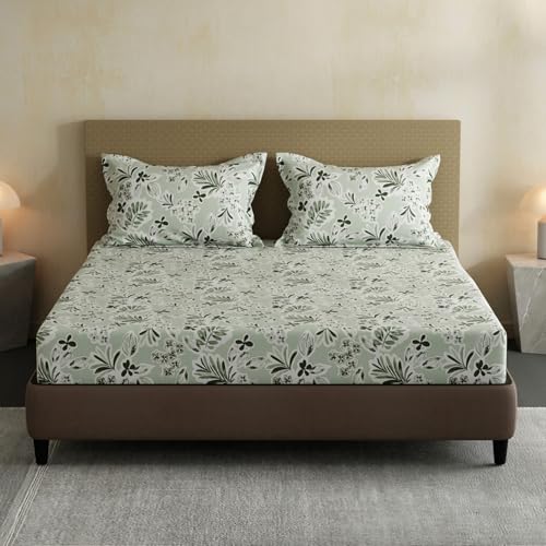 Image of Layers 100% Cotton Bedsheet for Double Size Bed | Lumina Floret Collection | 144 TC Soft & Breathable | Floral Print with 2 Pillow Covers | Wrinkle Free & Colorfast | 3 Piece Bedding Set - Grey