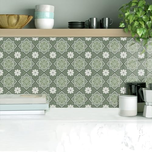 Baldosas Adhesivas Marruecos Verde Oscuro Suelo Vinilo Autoadhesivo Vinilo Impermeables Panel Revestimiento Ducha para Baño Cocina Gabinete Muebles Decoración Azulejos Adhesivos 10x10cm /10 Piezas