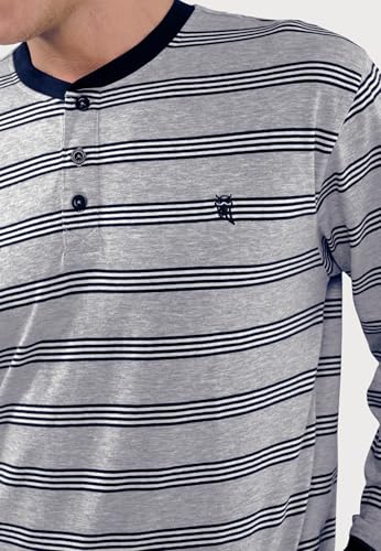 El Búho Nocturno Mens Pajama Set Long Sleeve Knit Premium Striped Pajama Set for Men, 85% Cotton, 15% Viscose, Grey 5590, M4