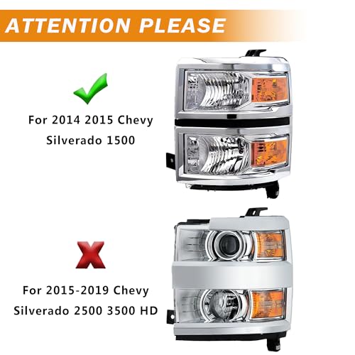 Headlights Assembly for 2014-2015 Chevy Silverado 1500 Halogen Factory OE Style Headlamp Driver & Passenger Side, Chrome Housing Amber Corner - Image 4
