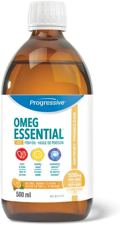Progressive OmegEssential + Vitamin D Liquid Fish Oil Supplement - 1,000 mg EPA + 550 DHA, Orange flavour, 500 ml | All natural, cold water, wild caught