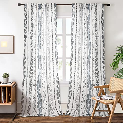 Meetsky Cotton Curtains 95 Inches Length For Living Room Boho Light Filtering Window Leaf Print Classical Drapes Back Tab Bohemian Decorative Burlap Effect Drapes For Bedroom 2 Panels #TOP1