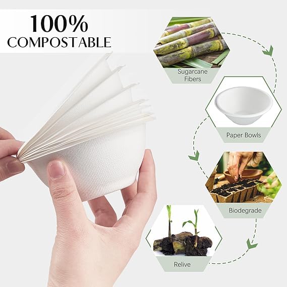 SANWALSA [250 ml, 25 Count, Round, White Compostable Bagasse Bowls | Disposable Eco-Friendly Sugarcane Paper Bowl for Party, Wedding, Events | Ideal for Soups, Snacks, Ice-Cream & Desserts 1