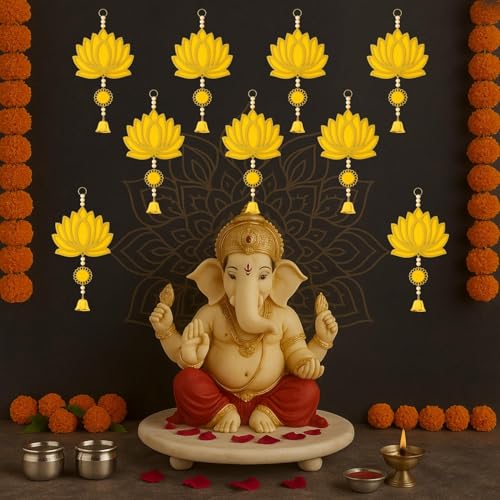Image of ARLICORPING Wooden Lotus Wall Hanging for Festive Decoration - Diwali, Ganpati, Pooja Room, Mandir, Living Room, Door, Hall, Entrance, Spiritual Decor (Lotus + Bell-Yellow, Pack of 2)