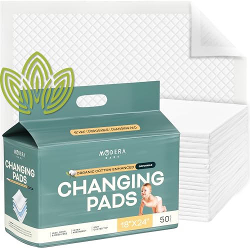 Image of Organic Cotton Enhanced Disposable Changing Pad Liners | Large 18x24 Hypoallergenic Ultra Absorbent Waterproof Super Soft Quilted Underpads for Baby Diaper Table/Travel, Leak Proof, Mess Free 50-Pack