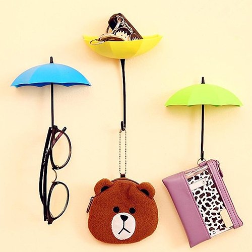Gemini_mall® Pack of 3 Creative Umbrella Shape Self Adhesive Wall Hooks Wall Mounted Storage Rack Hook Hanger, Random Color