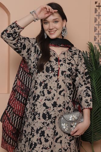 Image of Rajnandini Women's Cotton Blend Abstract Printed Kurta Set with Dupatta (JOPLST243-P Beige and Black)
