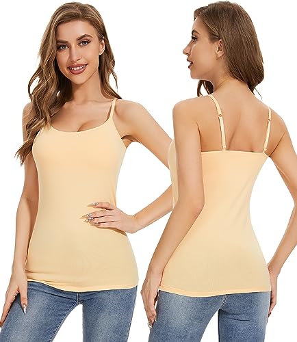 Image of Air Curvey 3 Pack Camisole Tops for Women Built in Bra Adjustable Spaghetti Strap Cotton Undershirt Tanks Layering Tops