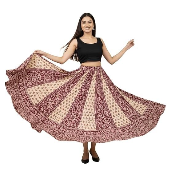Image of HARSHITA-Enterprises Jaipuri Women's Cotton Printed Elastic Long Skirts