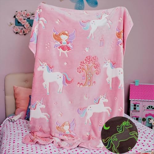 Image of Famyo Queen Size Glow in The Dark Blanket for Kids - Unicorn & Fairy | 200x152 cm, 0-15 Years | Soft Flannel Fleece Throw | Cozy & Warm All-Season Glow Blanket | Ideal Gift for Boys & Girls (Pink)