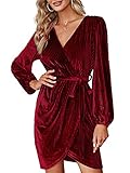 BerryGo Women's Long Sleeve Wrap Semi Formal Velvet Mini Dress Sexy Cocktail Party Winter Club Dress Burgundy M