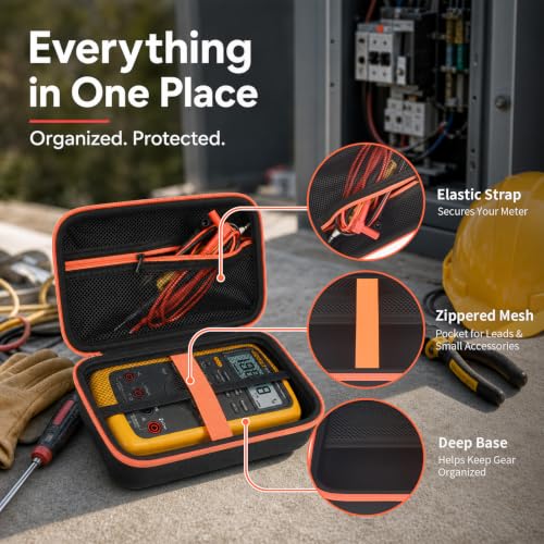 Image of Comecase Case for Fluke 87-V /88V /15B+ /17B+ Digital Multimeter | Hard Shell Carrying, Shockproof Protective Travel Storage Bag, Mesh Pocket for Accessories, Black + Orange Zipper