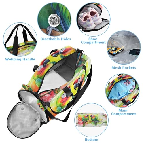 Parrots Youth Sports & Travel Duffle Bag with Shoe Compartment,Waterproof Gym Bag for Girls and Boys (Overnight Essentials Organizer)4