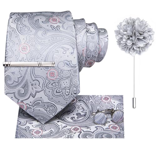 Image of Hi-Tie Silver Grey Pink Silk Neckties Set for Men Jacquard Necktie and Pocket Square Lapel Pin Silver Tie Clip Cufflinks Set Wedding Business 6PCS