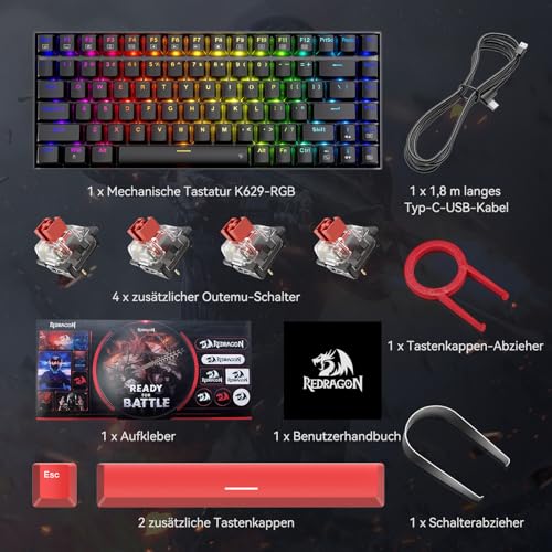 Tastiera meccanica da gioco, RGB 75%, tastiera meccanica con switch lineari a caldo, 85 tasti programmabili QWERTZ Layout tastaur K629 - Tastiera gaming - Immagine 7