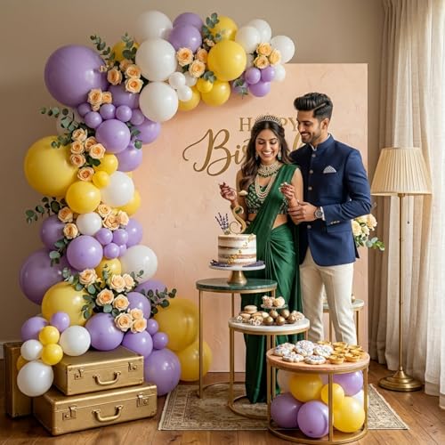 Image of Party Propz Balloons for Decoration - Set of 51 Pcs Yellow Purple White Balloons for Decoration, Balloons with Balloon Arch Strip for Birthday Party & Home Decoration (Latex)