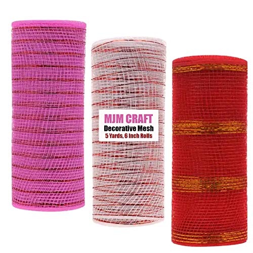 Valentine Day Decorative Mesh | Mixer of Red, Pink & White | Pack of 3, 5 Yards, 6 Inch Rolls | DIY Craft, Home, Decor, Handmade Supplies (Valentine)