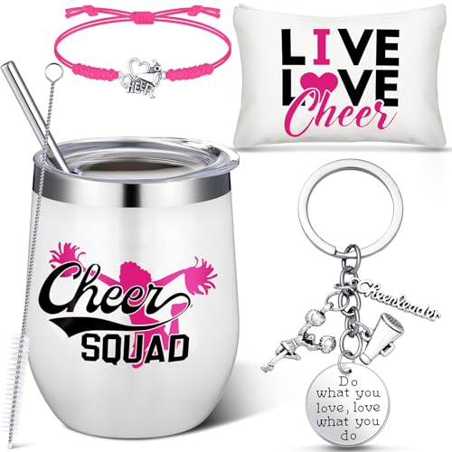 Irenare 4 Pcs Pink Cheerleader Gifts Cheer Stuff 12 oz Stainless Steel Tumbler Cup Makeup Bag Keychain Bracelet Set Gift Bulk for Cheerleader Coach Girls Women Sports Team Accessories