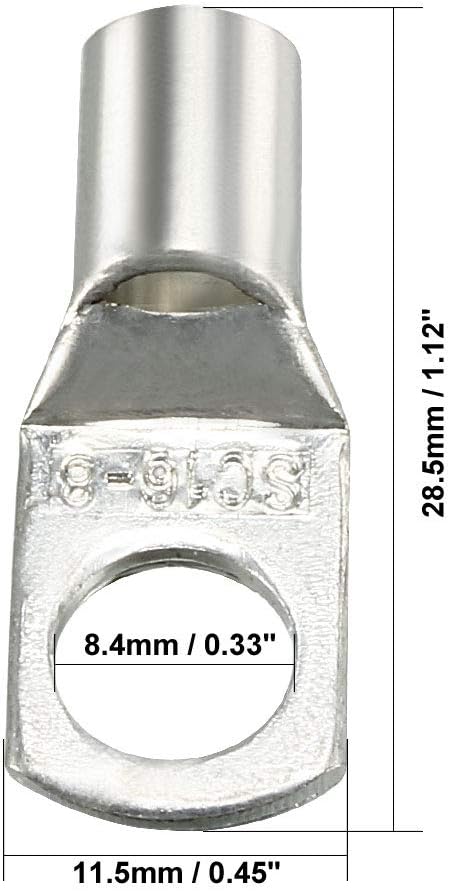 uxcell Copper Wire Lugs,5AWG SC16-8,Bolt Hole,Battery Cable Ends Eyelets Crimp Tubular Ring Terminals Connectors Silver Tone 100Pcs