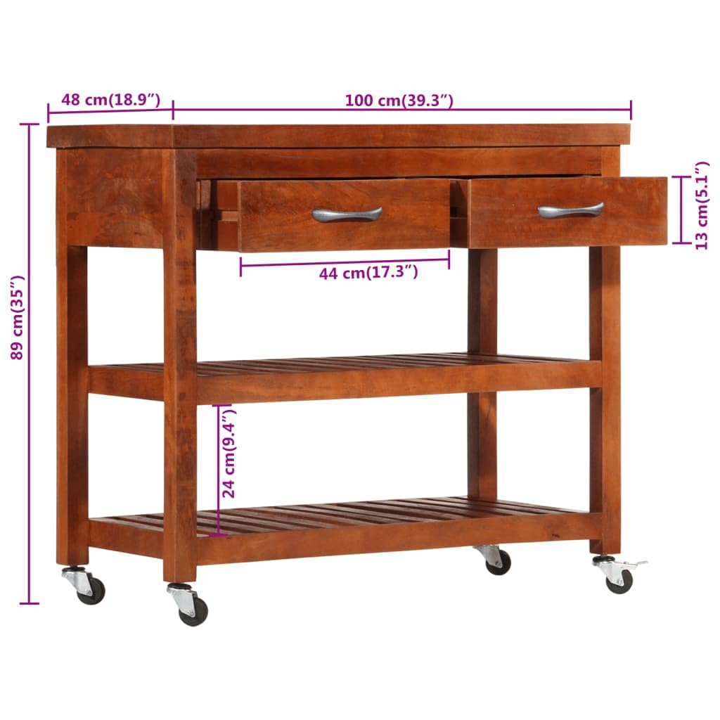 Générique Vintage wózek kuchenny z litego drewna akacjowego 100 x 48 x 89 cm, z 4 kółkami, w tym 1 zamykany, szufladami i półkami do przechowywania, boczny wieszak na ręczniki, stabilny