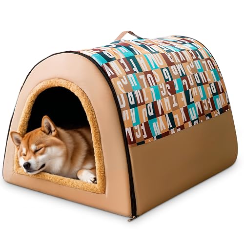 ALLSOPETS Hundebett 2-in-1 Faltbares Selbstwärmendes Haustierzelt Höhlenbett für Katzen und kleine bis mittelgroße Hunde Tragbares Hundehäuschen mit Griffen (Buchstabenbraun, XXL)