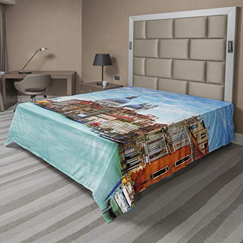 Ambesonne Italy Flat Sheet, Image of The Grand Canal in Venice Italy and Historical Architecture Print, Soft Comfortable Top Sheet Decorative Bedding 1 Piece, King Size, Turquoise Orange Blue