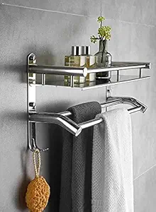 Welson Single Layer Shelf Rack with Towel Rod for Bathroom Multi Purpose Stainless Steel Wall Mount Bath Shelf Organizer, Ideal for BathroomSize (15X5X10 Inches), Bracket Shelf