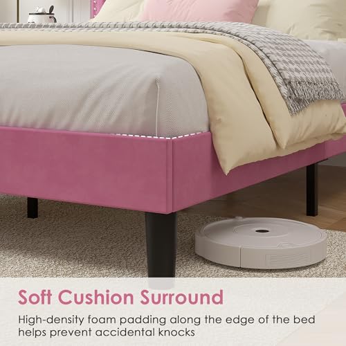 Image of VECELO Queen Size Platform Bed Frame with Height Adjustable Upholstered Headboard, Modern Mattress Foundation,Strong Wood Slat Support, No Box Spring Needed, Easy Assembly,Pink