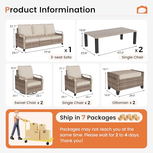 Image of UDPATIO Patio Furniture Set with Rocking Swivel Chairs, Faux Wood Grain Modern Outdoor Sectional Furniture, Rattan Patio Conversation Sets W /Ottoman for Deck, Yard, and Poolside, 8 PC Beige