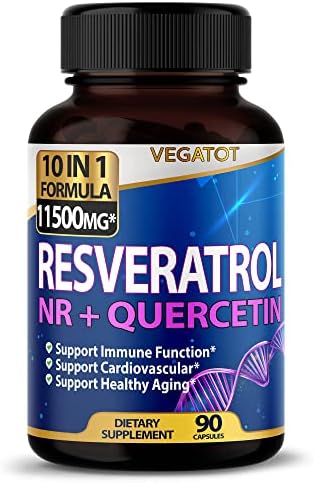 VEGATOT 10 in 1 High Strength Resveratrol 11,500MG with Quercetin Healthy Aging Immune Brain Boost Joint Support (90 Count (Pack of 1))
