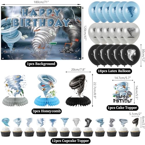 Image of Tornado Birthday Party Decorations - Tornado Party Supplies including Happy Birthday Banner, Spirals, Cake Toppers, Table Centerpieces, Balloons, Tablecloth (BJ)