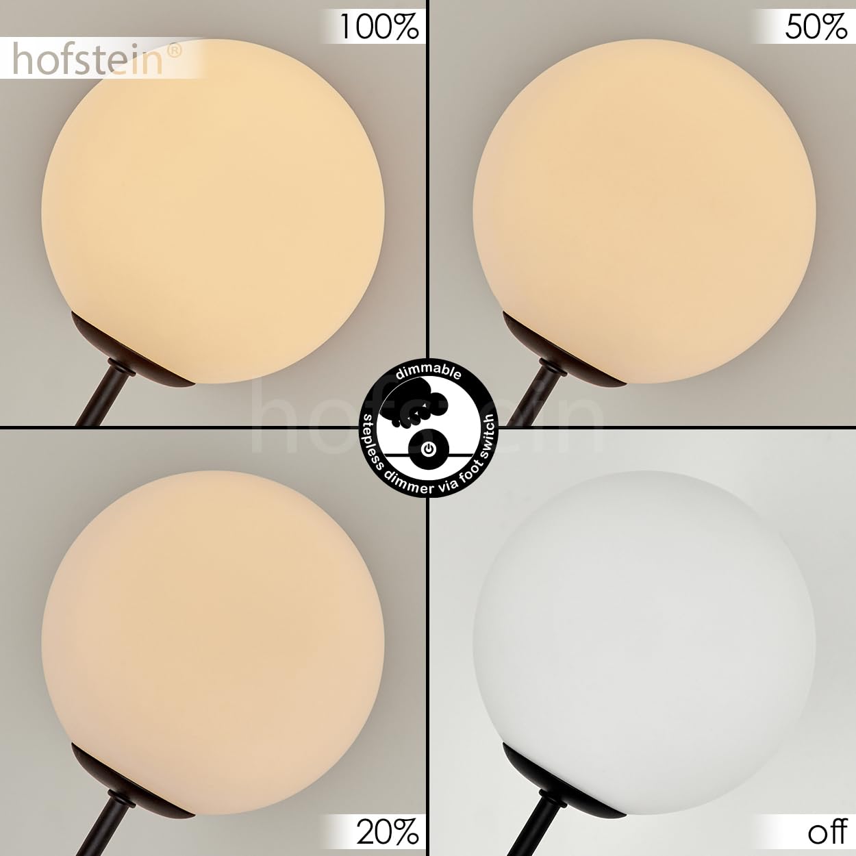 Stehleuchte Bernado, dimmbare Stehlampe aus Metall/Glas in Schwarz/Milchglas, Standleuchte mit Glaskugeln (Ø 12 cm), Höhe 174,5 cm, stufenlos dimmbar über Fußschalter, 5 x G9, ohne Leuchtmittel
