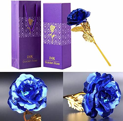 TINYOUTH 24k Gold Forever Rose, 24K Blue Rose Gold Plated Rose Flower with Gift Box and Bag for Lover Mother Friends, Valentine's Day, Mother's Day, Thanksgiving, Birthday, Christmas