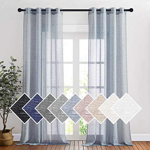 NICETOWN Linen Semi Sheer Flax Curtains 96" L, Eyelet Top Bedroom Window Privacy Translucent Light Filtering Flax Sheer Drapes for Guest Room, 104 inches Wide Total 2 Panels, Sea Mist
